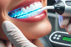 During the Mecidiyeköy teeth whitening procedure, UV light and whitening gel are applied to the patient.